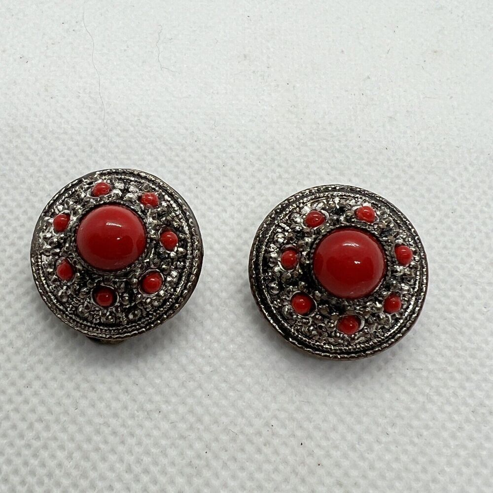 Vintage Austria Clip-On Earrings Silver Tone Dome Red Stone Cabochons